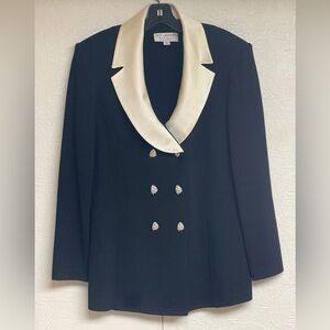 St. John Black Blazer with Ivory Satin Collar w/gorgeous decorative button.